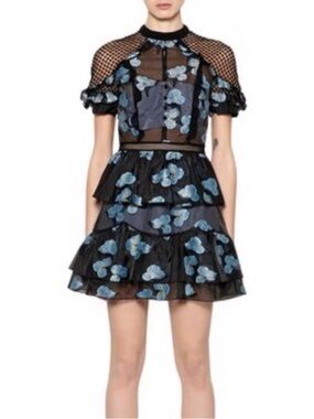 Self-Portrait Black Mini Dress with Blue Floral Appliqué